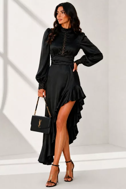 Rochie Lunga de Dama, din Satin , Decupata pe Picior , Miky, Negru