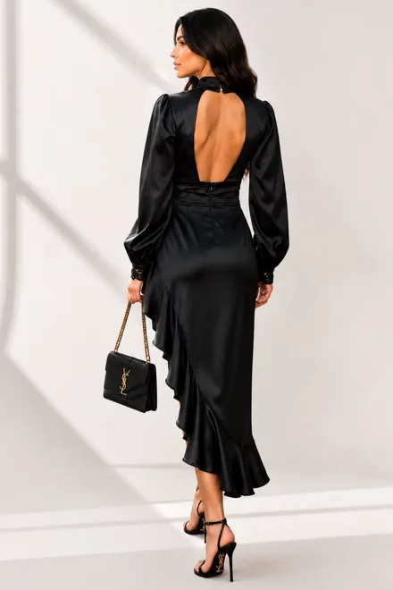 Rochie Lunga de Dama, din Satin , Decupata pe Picior , Miky, Negru