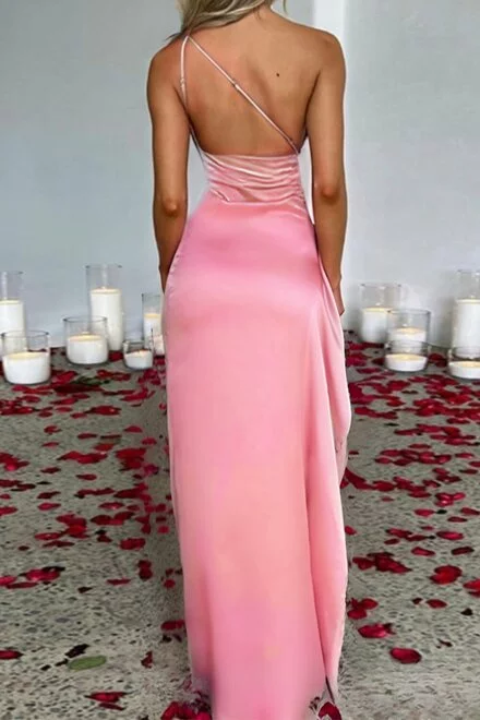 Rochie Lunga de Dama, din Satin, pe Umar, Decupata pe Picior, Arrabiana, Roz