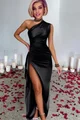 Rochie Lunga de Dama, din Satin, pe Umar, Decupata pe Picior, Evelyn, Neagra