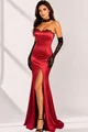 Rochie Lunga de Dama, din Tafta, Accesorizata cu Dantela si Crapata pe Picior, Diamonds, Rosie