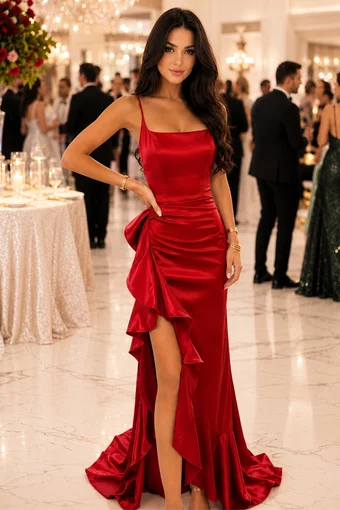 Rochie Lunga de Dama, din Satin, in Bretele Subtiri, cu Inchidere Fermoar si Decupaj pe Picior, Senioritta, Rosie