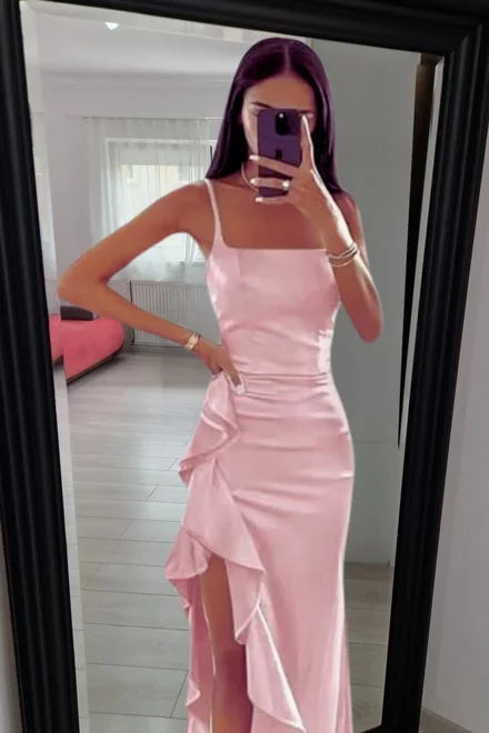 Rochie Lunga de Dama, in Bretele Subtiri, cu Inchidere Fermoar si Decupaj pe Picior, Sensualista, Roz