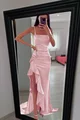 Rochie Lunga de Dama, in Bretele Subtiri, cu Inchidere Fermoar si Decupaj pe Picior, Sensualista, Roz
