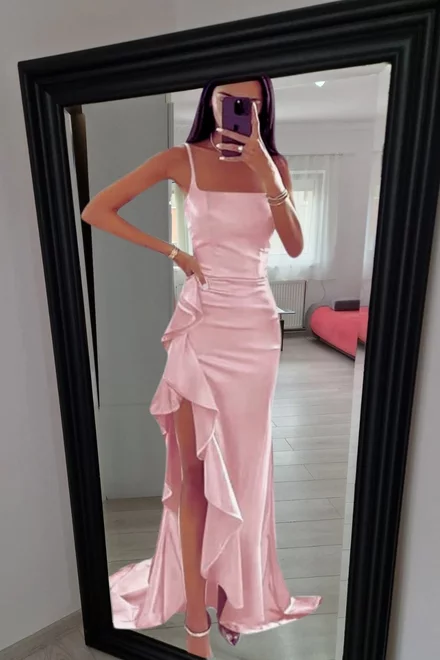 Rochie Lunga de Dama, in Bretele Subtiri, cu Inchidere Fermoar si Decupaj pe Picior, Sensualista, Roz