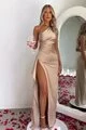 Rochie Lunga de Ocazie, pe Umar, Decupata pe Picior, Goldye, Bej