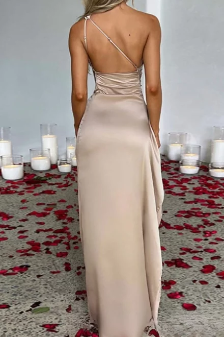 Rochie Lunga de Ocazie, pe Umar, Decupata pe Picior, Goldye, Bej