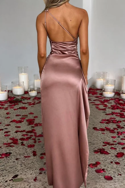 Rochie Lunga de Ocazie, pe Umar, Decupata pe Picior, Goldye, Roz Nude