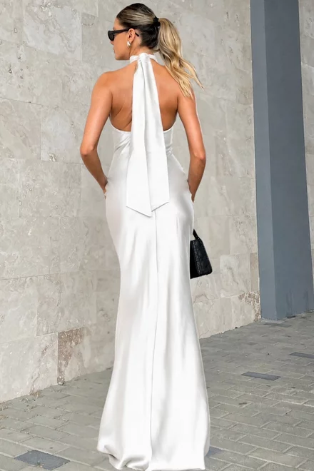 Rochie Lunga de Ocazie, Tip Sirena, din Satin, cu Inchidere Fermoar si Cordon, Ambrosse, Alba