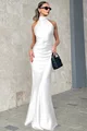 Rochie Lunga de Ocazie, Tip Sirena, din Satin, cu Inchidere Fermoar si Cordon, Ambrosse, Alba