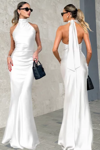 Rochie Lunga de Ocazie, Tip Sirena, din Satin, cu Inchidere Fermoar si Cordon, Ambrosse, Alba