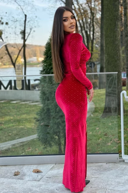 Rochie Lunga din Catifea, cu Glitter, Petrecuta pe Bust si Maneci Lungi, Raffaella, Rosie