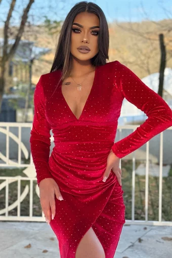 Rochie Lunga din Catifea, cu Glitter, Petrecuta pe Bust si Maneci Lungi, Raffaella, Rosie