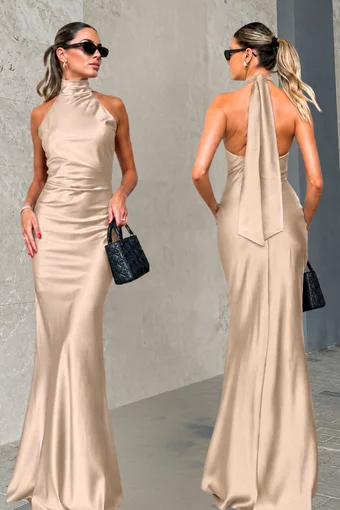 Rochie Lunga Eleganta, Tip Sirena, cu Inchidere Fermoar si Cordon, Enelly, Bej