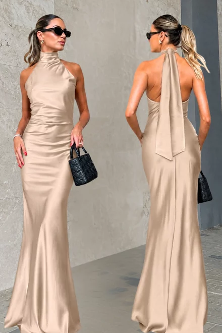 Rochie Lunga Eleganta, Tip Sirena, cu Inchidere Fermoar si Cordon, Enelly, Bej