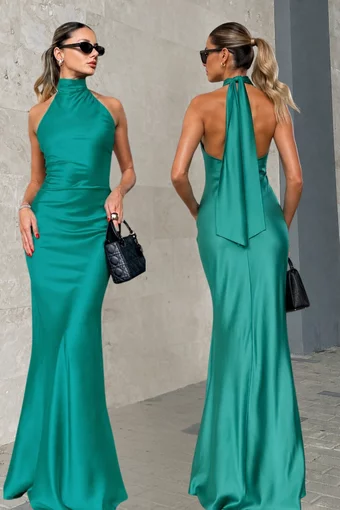 Rochie Lunga Tip Sirena, cu Spate Gol si Prindere Cordon dupa Gat, Smaralde, Verde