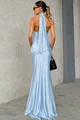 Rochie Lunga Tip Sirena, din Satin, cu Spate Gol, Feryce, Bleu