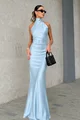 Rochie Lunga Tip Sirena, din Satin, cu Spate Gol, Feryce, Bleu