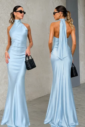 Rochie Lunga Tip Sirena, din Satin, cu Spate Gol, Feryce, Bleu