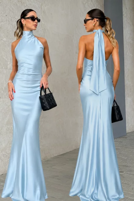 Rochie Lunga Tip Sirena, din Satin, cu Spate Gol, Feryce, Bleu