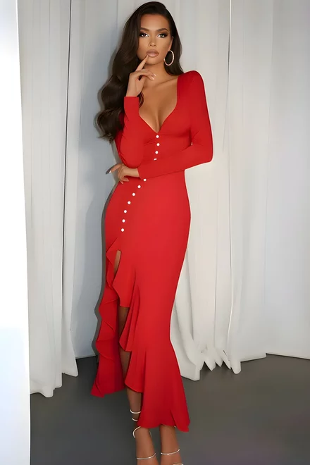 Rochie Midi de Dama, Asimetrica, din Lycra, Arrya, Rosie