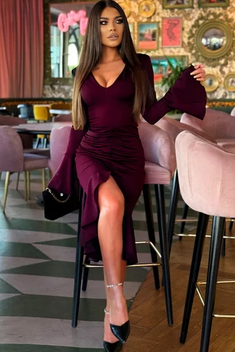 Rochie Midi de Dama, cu Maneci Lungi Tip Clopot si Volan,din Lycra, Rosienne, Grena