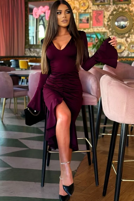 Rochie Midi de Dama, cu Maneci Lungi Tip Clopot si Volan,din Lycra, Rosienne, Grena