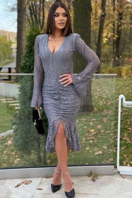  Rochie Midi de Dama, din Dantela, cu Inchidere Fermoar si Maneci Tip Clopot, Ofelia, Gri