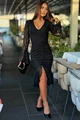 Rochie Midi de Dama, din Dantela, cu Maneci Lungi Tip Clopot si Inchidere Fermoar, Majestik, Neagra