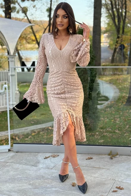Rochie Midi de Dama, din Dantela, cu Maneci Tip Clopot, Commet, Bej