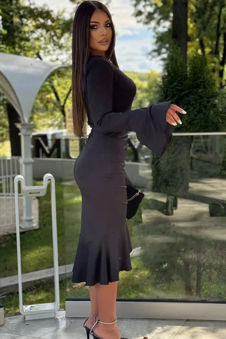 Rochie Midi de Dama, din Lycra, cu Maneci Lungi Tip Clopot si Volan, Andromedda, Neagra