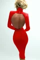Rochie Midi de Dama, din Lycra Premium, cu Spate Gol si Maneci Lungi, Leylifer, Rosie
