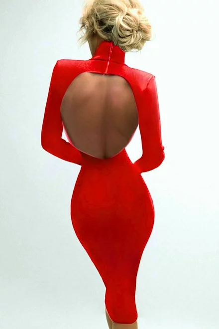 Rochie Midi de Dama, din Lycra Premium, cu Spate Gol si Maneci Lungi, Leylifer, Rosie