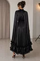 Rochie Midi de Dama, din Satin, cu Maneci Crapate si Accesorizata cu Volane, Duchesse, Neagra