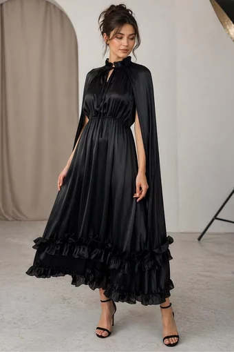 Rochie Midi de Dama, din Satin, cu Maneci Crapate si Accesorizata cu Volane, Duchesse, Neagra
