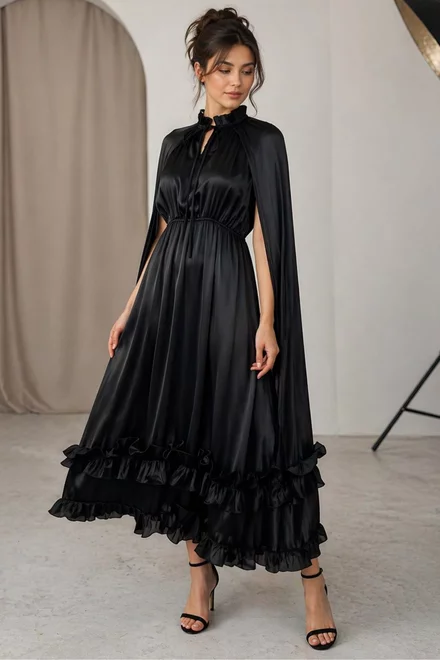 Rochie Midi de Dama, din Satin, cu Maneci Crapate si Accesorizata cu Volane, Duchesse, Neagra