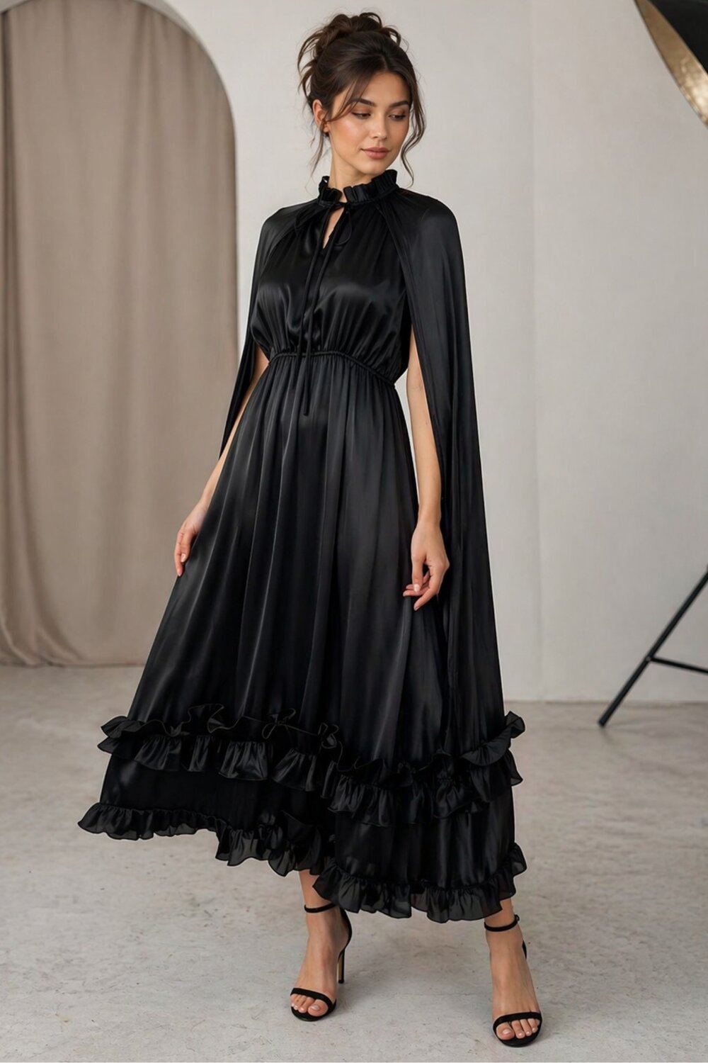 FOGGI Rochie Midi De Dama, Din Satin, Cu Maneci Crapate Si Accesorizata Cu Volane, Duchesse, Neagra