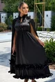 Rochie Midi de Dama, din Satin, cu Maneci Crapate si Accesorizata cu Volane, Duchesse, Neagra
