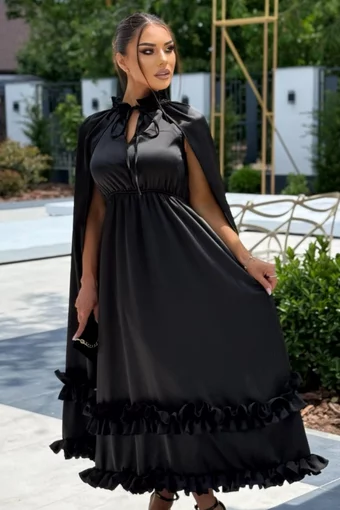 Rochie Midi de Dama, din Satin, cu Maneci Crapate si Accesorizata cu Volane, Duchesse, Neagra