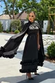 Rochie Midi de Dama, din Satin, cu Maneci Crapate si Accesorizata cu Volane, Duchesse, Neagra