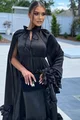 Rochie Midi de Dama, din Satin, cu Maneci Crapate si Accesorizata cu Volane, Duchesse, Neagra