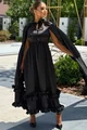 Rochie Midi de Dama, din Satin, cu Maneci Crapate si Accesorizata cu Volane, Duchesse, Neagra