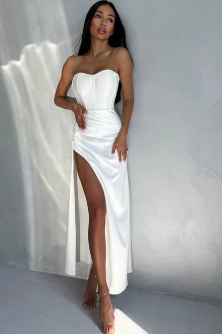 Rochie Midi de Dama, din Satin, cu Siret Reglabil si Crapatura pe Picior, Reyna, Alba