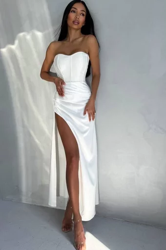 Rochie Midi de Dama, din Satin, cu Siret Reglabil si Crapatura pe Picior, Reyna, Alba