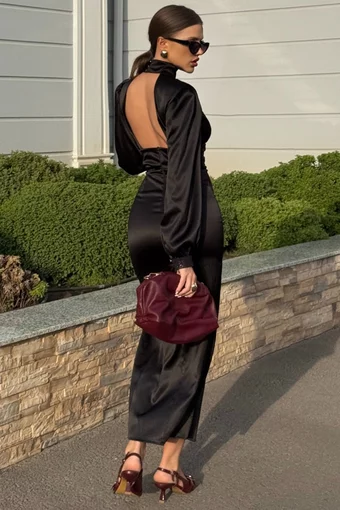 Rochie Midi de Dama, din Satin, cu Spate Gol si Accesorizata cu Dantela pe Bust, Formidablle, Neagra