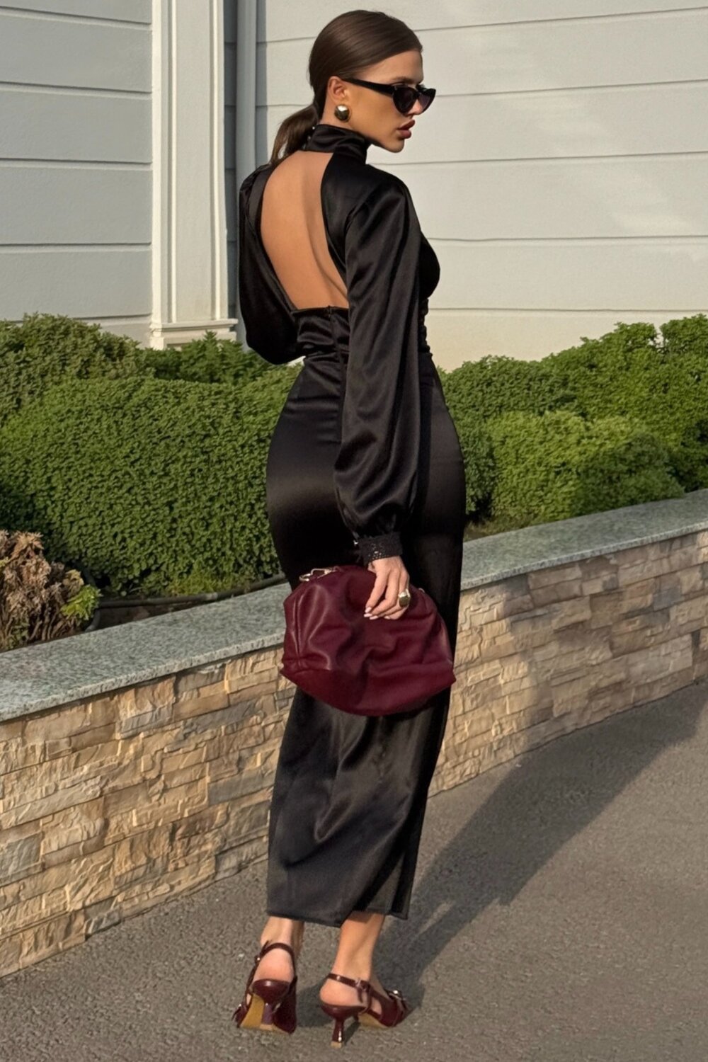FOGGI Rochie Midi De Dama, Din Satin, Cu Spate Gol Si Accesorizata Cu Dantela Pe Bust, Formidablle, Neagra