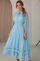 Rochie Midi de Dama, din Voal cu Fir Lurex, cu Maneci Lungi Crapate si Acessorizata cu Volane, Magiste, Bleu