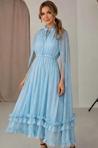 Rochie Midi de Dama, din Voal cu Fir Lurex, cu Maneci Lungi Crapate si Acessorizata cu Volane, Magiste, Bleu
