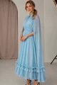 Rochie Midi de Dama, din Voal cu Fir Lurex, cu Maneci Lungi Crapate si Acessorizata cu Volane, Magiste, Bleu