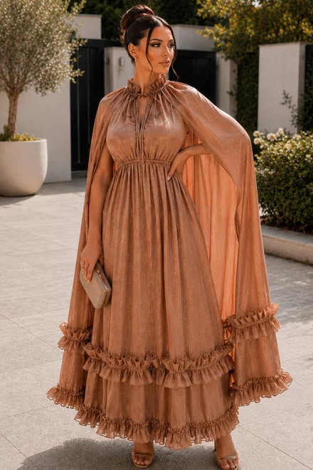 Rochie Midi , din Voal cu Fir Lurex, cu Maneci Lungi Crapate, Acessorizata cu Volane, Mavi, Bej